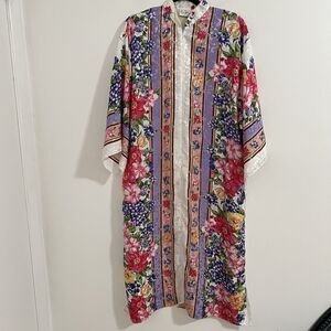 Ruth Norman New York Vintage Caftan Maxi Dress Size S White Pink Floral Feminine